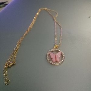 Gold Plated Pink Butterfly Necklace